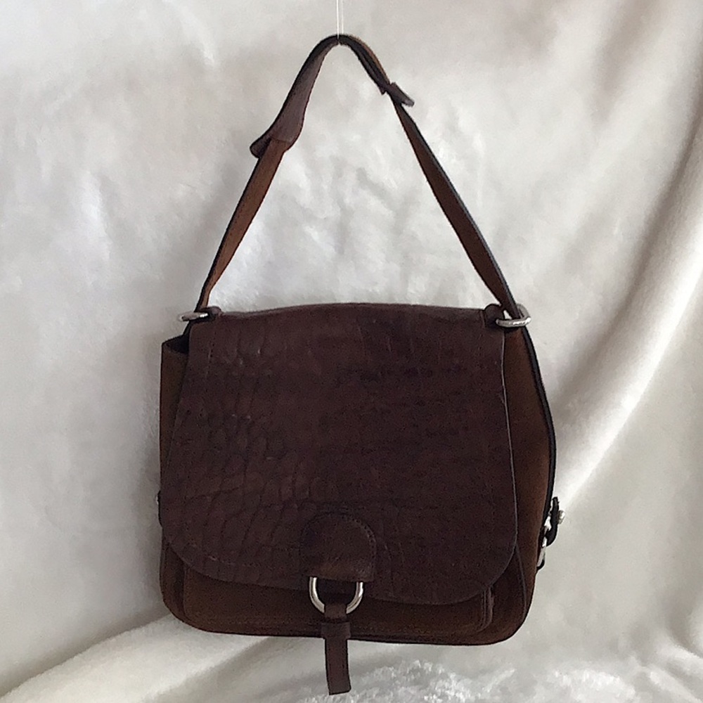 Italian leather and suede D2 small satchel in dark brown